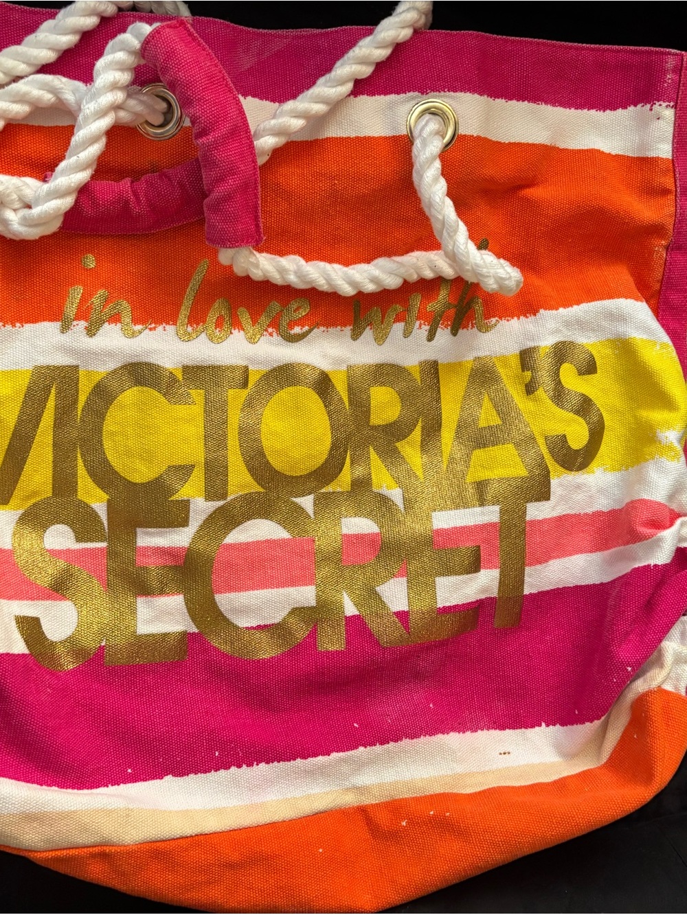 Victoria's Secret Pink, Orange, Yellow & White Striped Canvas Tote